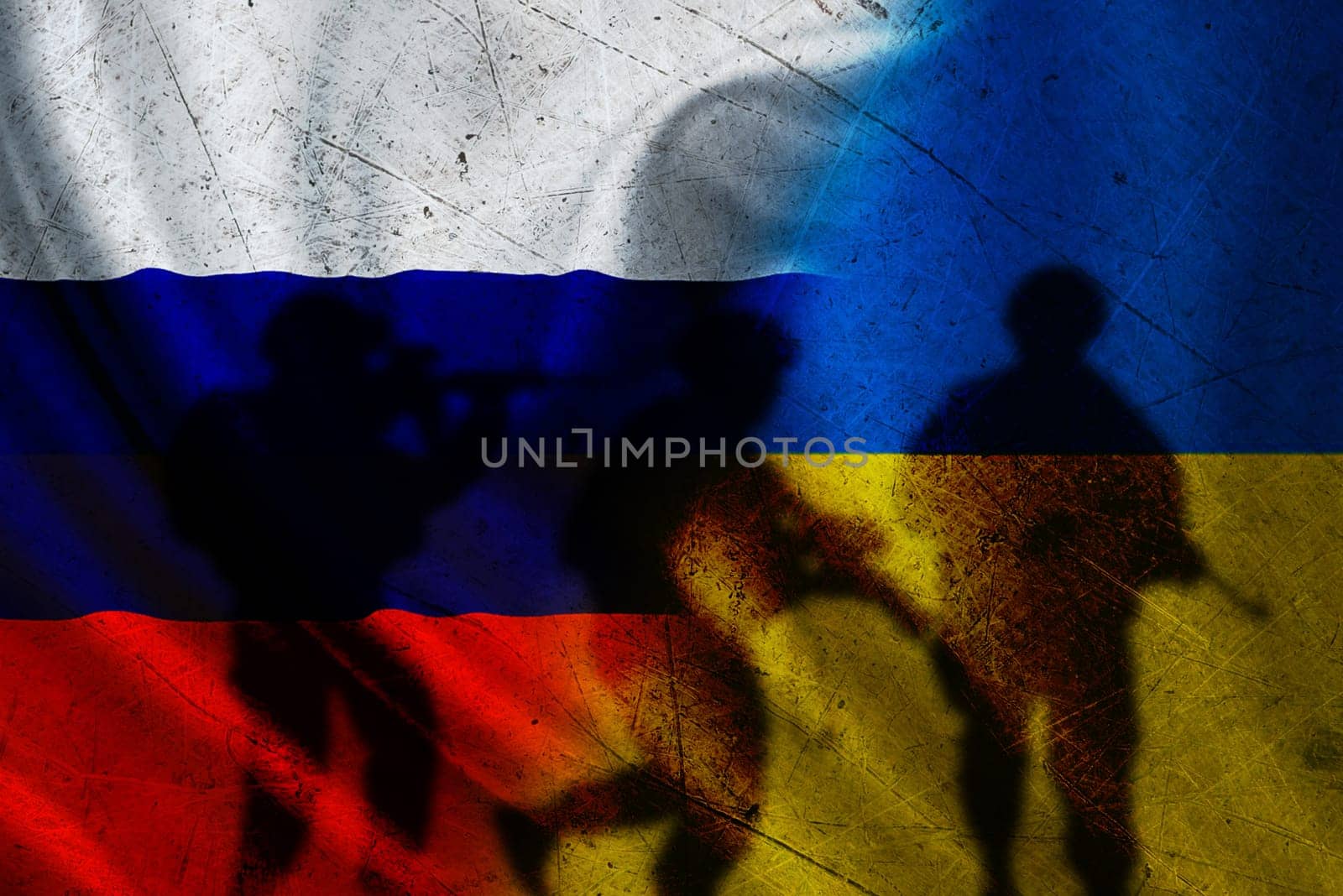 Russia vs Ukraine flag on cracked wall, concept of war between russia and ukraine, silhouette of soldiers on russia vs ukraine flag