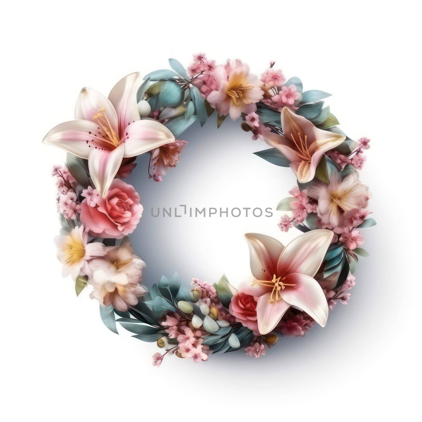 Ring of flowers isolated on white created with Generative AI