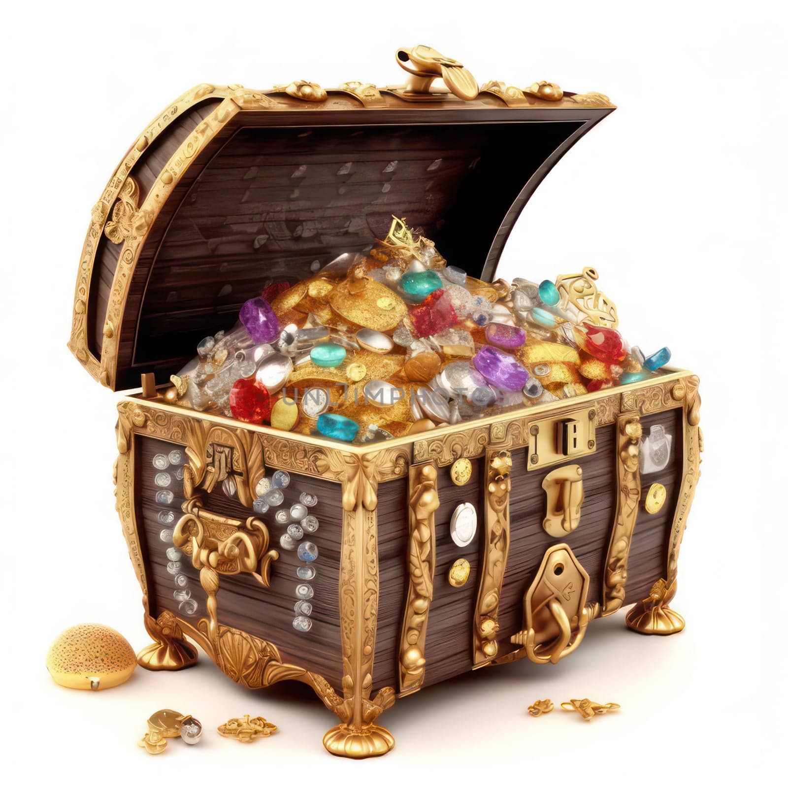 Treasure chest full of gold and jewels isolated on white created with Generative AI