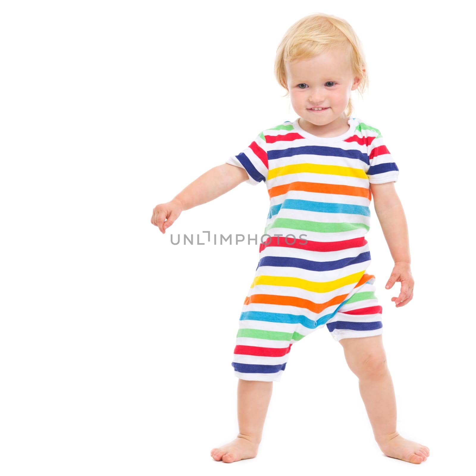 Full length portrait of cheerful baby in swimsuit