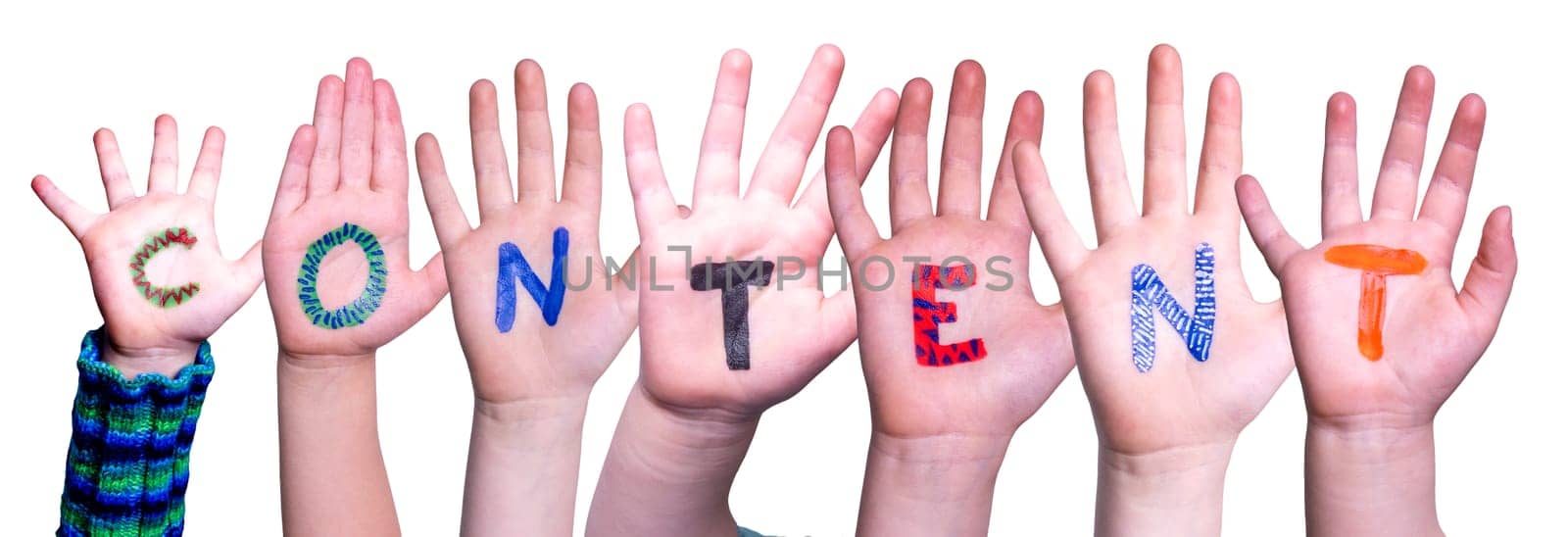 Children Hands Building Colorful English Word Content. Isolated White Background.