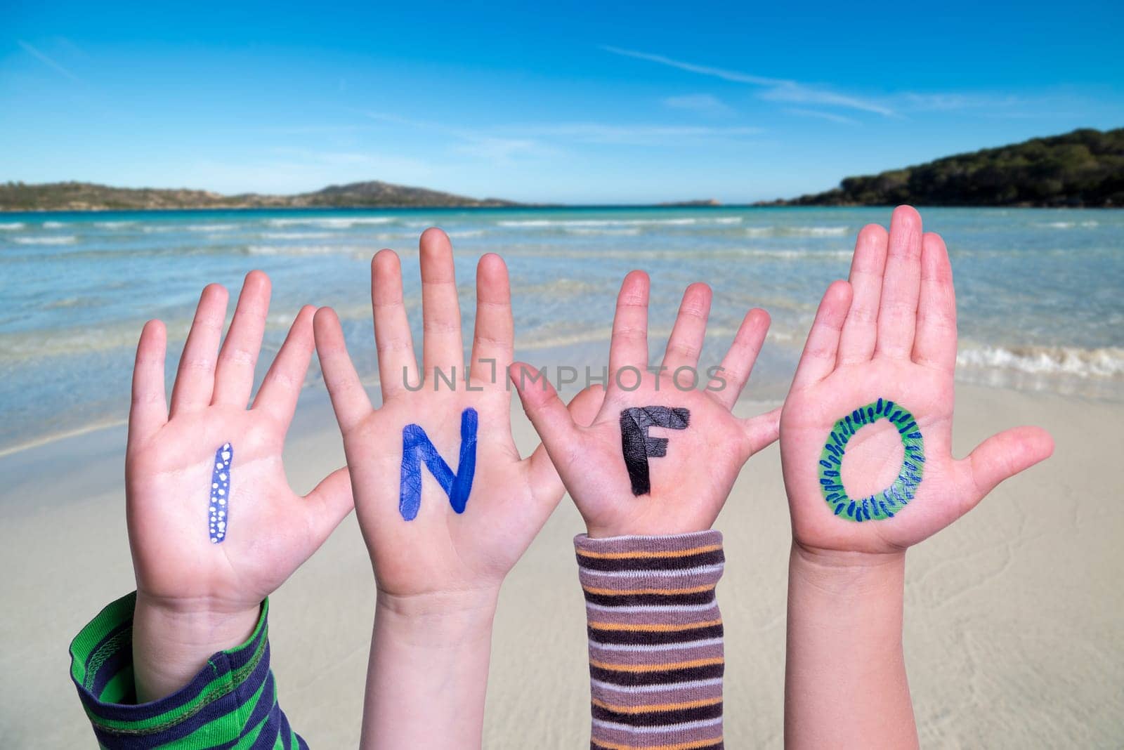 Children Hands Building Colorful German Word Info Means Information. Summer Ocean, Sea And Beach As Background