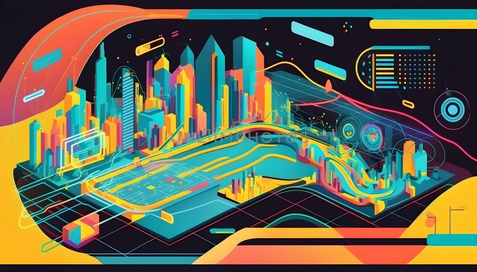 Big data abstract visualization concept in retro color palette. Infographic style illustration. AI Generative content