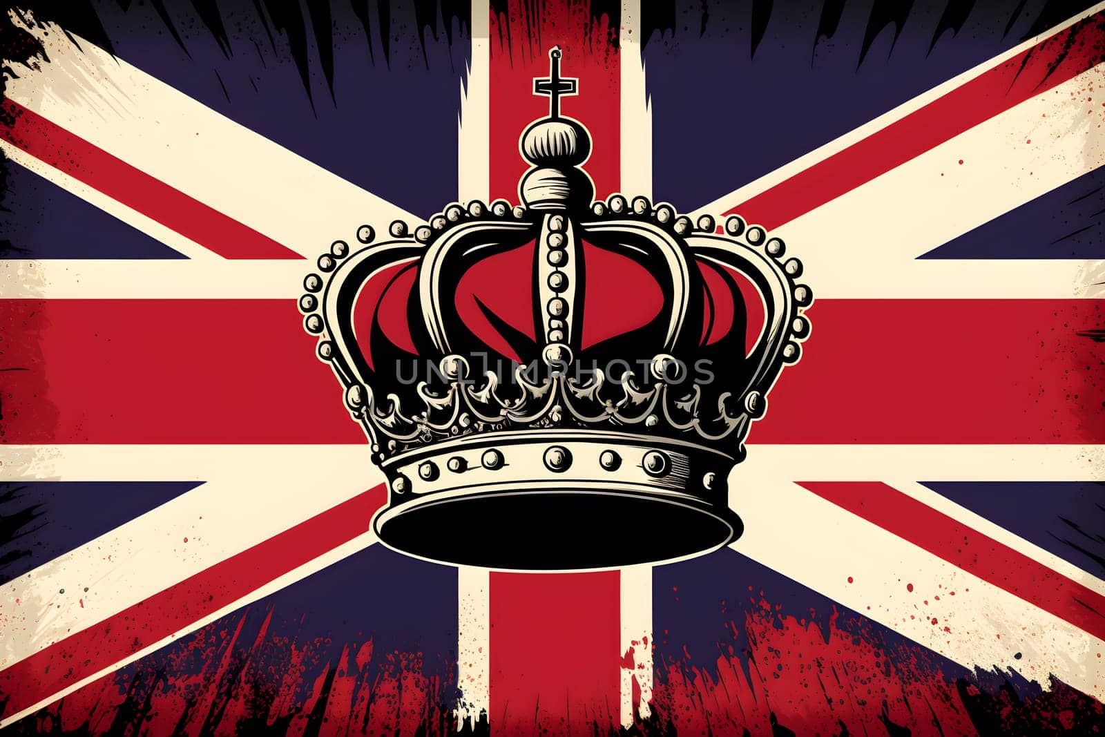 United Kingdom UK Royal Crown on Great Britain flag background as concept of monarchy and King Charles coronation. AI Generative content