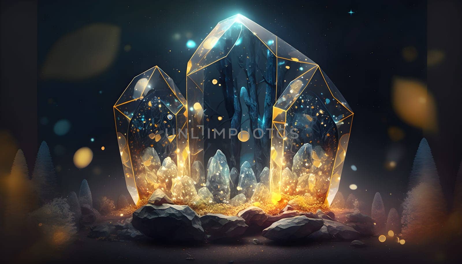 Magical iridescent crystals in dark mystery forest with sparkling glow and golden glimmer in the dark. Fairy tale or dream natural background. AI Generative content
