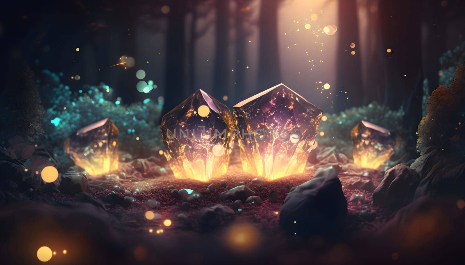 Magical iridescent crystals in dark mystery forest with sparkling glow and golden glimmer in the dark. Fairy tale or dream natural background. AI Generative content