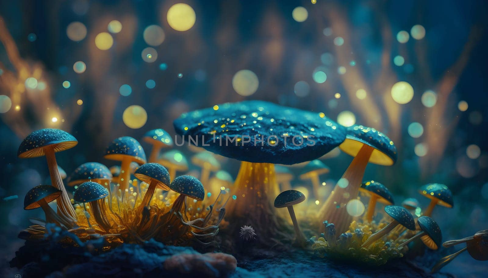 Magical iridescent mushrooms in dark mystery forest with sparkling glow and golden glimmer in the dark. Fairy tale or dream natural background. Hallucinogen psychedelics fungi. AI Generative content