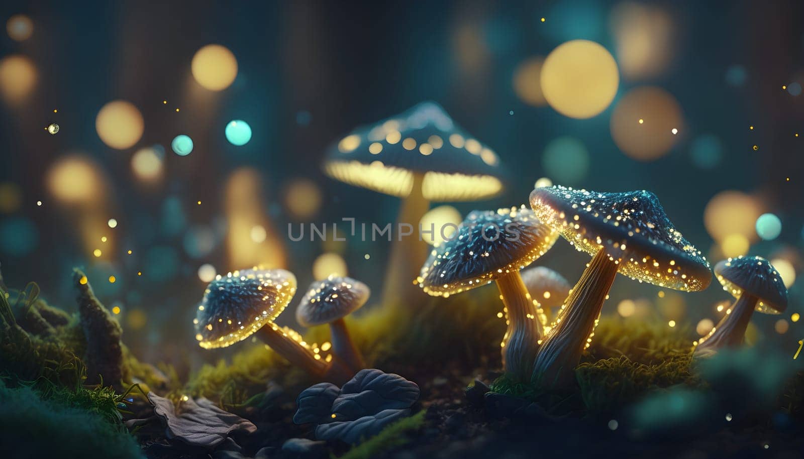 Magical iridescent mushrooms in dark mystery forest with sparkling glow and golden glimmer in the dark. Fairy tale or dream natural background. Hallucinogen psychedelics fungi. AI Generative content