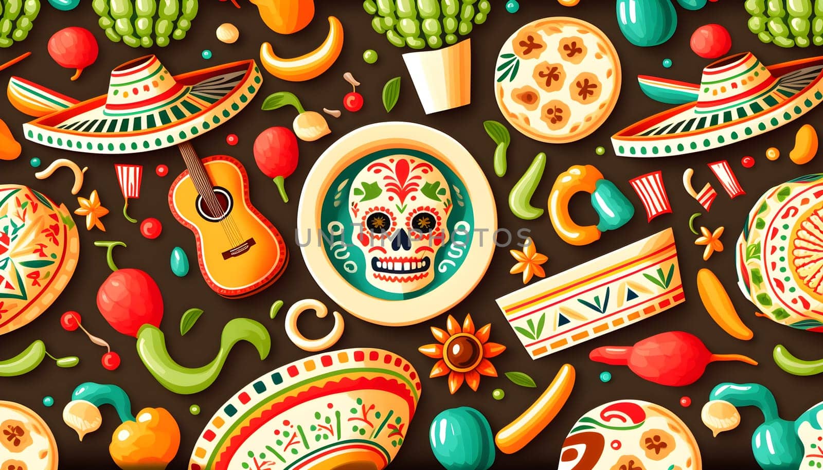 Mexican holiday Cinco de Mayo, May 5 pattern on black background with Mexican traditional national ethnic symbols flags flowers decorations guitar hat cactuses bright details. AI Generative content