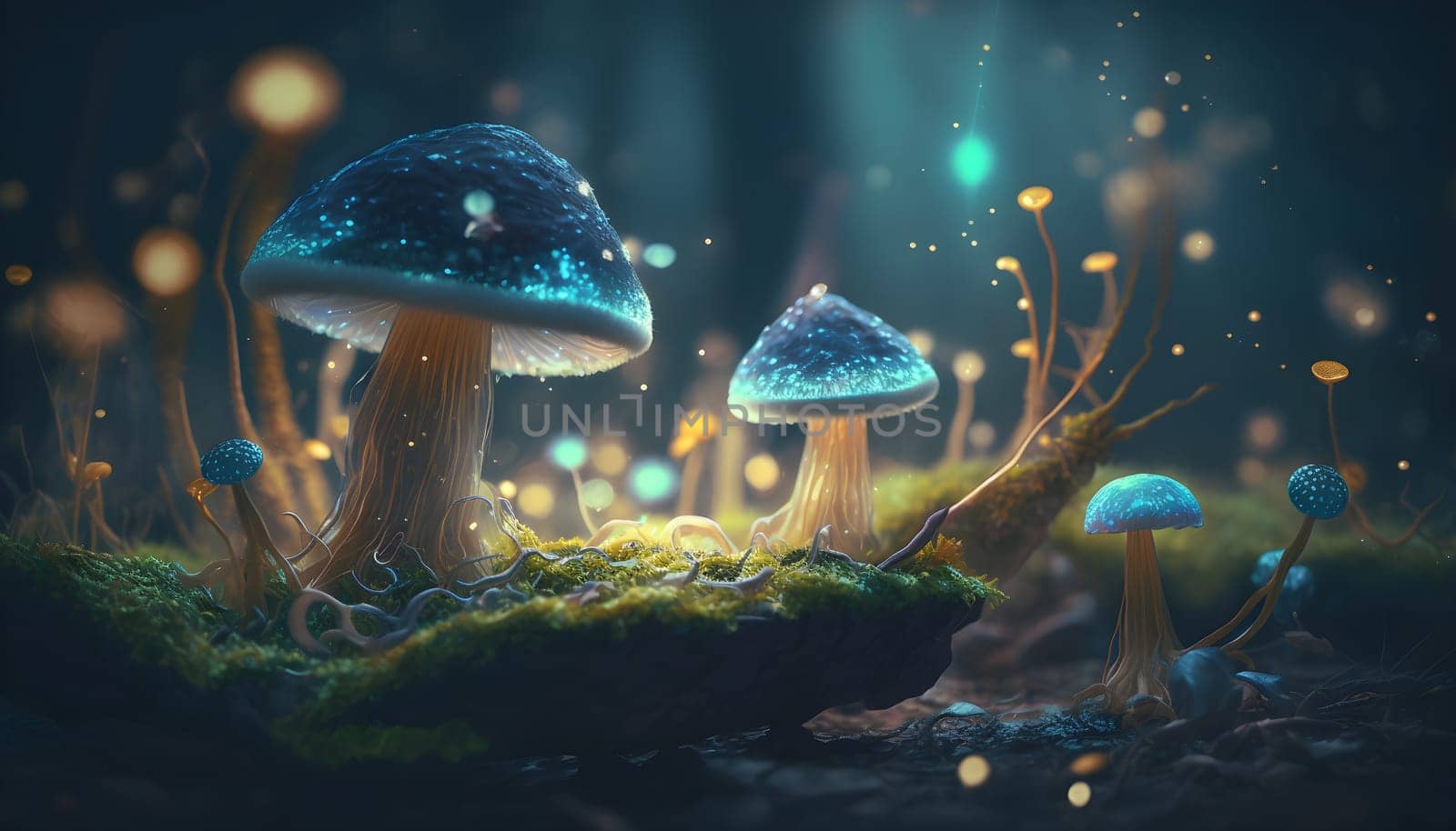 Magical iridescent mushrooms in dark mystery forest with sparkling glow and golden glimmer in the dark. Fairy tale or dream natural background. Hallucinogen psychedelics fungi. AI Generative content