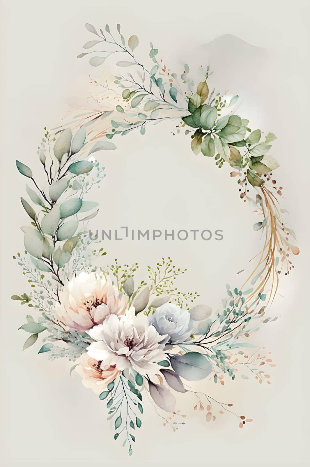 Floral botanical hand painted watercolor wreath template illustration background for wedding invitation, airy soft color flowers and green leaves in boho style. AI Generative content