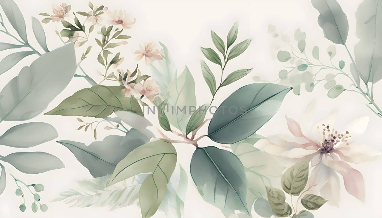 Floral botanical hand painted watercolor illustration background for wedding invitation, wallpapers or graphic design with airy soft color flowers and green leaves in boho style. AI Generative content