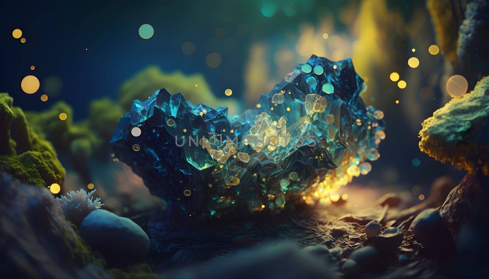 Magical iridescent crystals in dark mystery forest with sparkling glow and golden glimmer in the dark. Fairy tale or dream natural background. AI Generative content