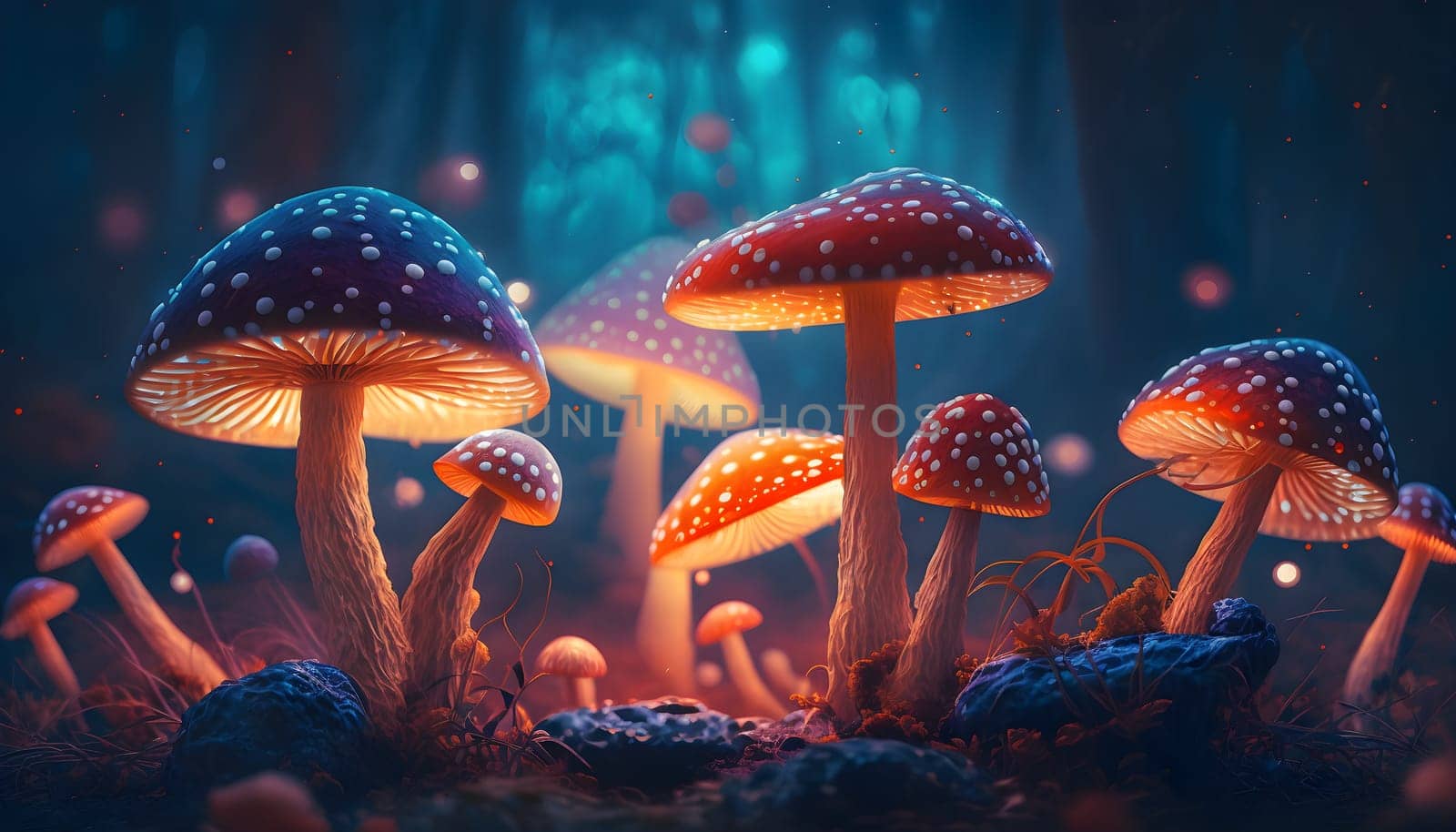 Magical iridescent mushrooms in dark mystery forest with sparkling glow and golden glimmer in the dark. Fairy tale or dream natural background. Hallucinogen psychedelics fungi. AI Generative content