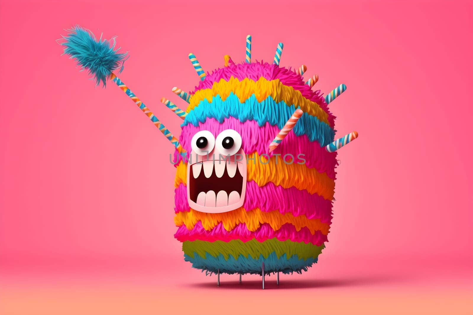Mexican holiday pinata monster or cute fantastic beast mutant creature on bright pink background. AI Generative content