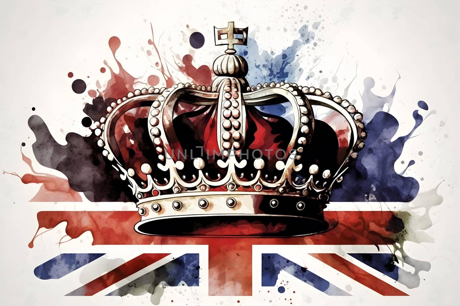 United Kingdom UK Royal Crown on Great Britain flag background as concept of monarchy and King Charles coronation.  watercolor illustration. AI Generative content