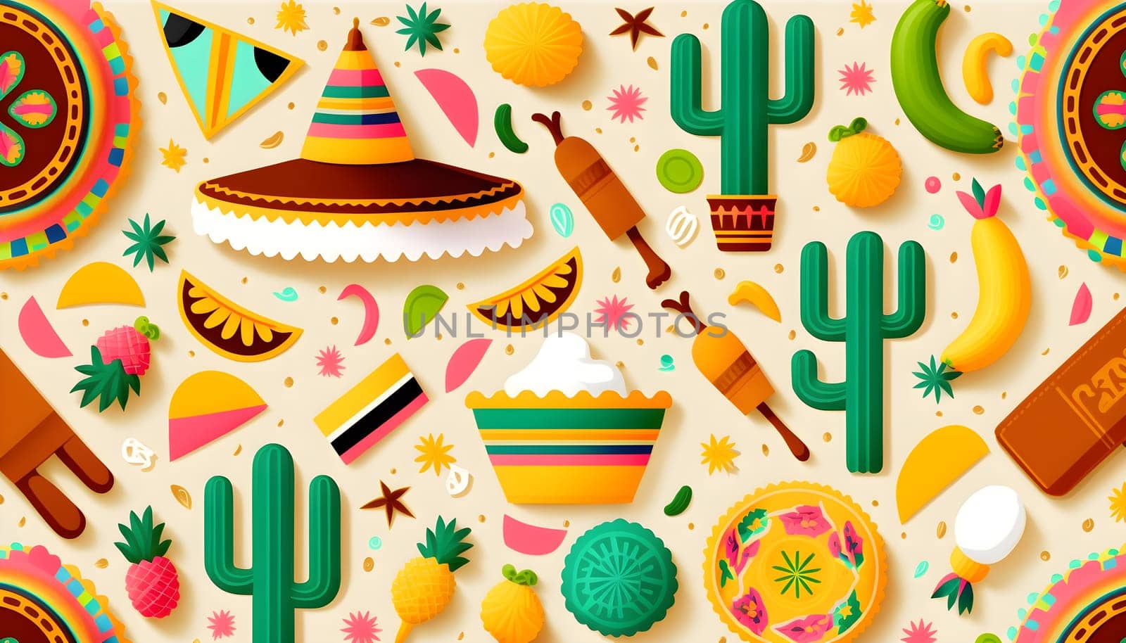Mexican holiday Cinco de Mayo, May 5 pattern background with Mexican traditional national ethnic symbols flags, flowers, decorations, guitar, hat, cactuses, bright details. AI Generative content