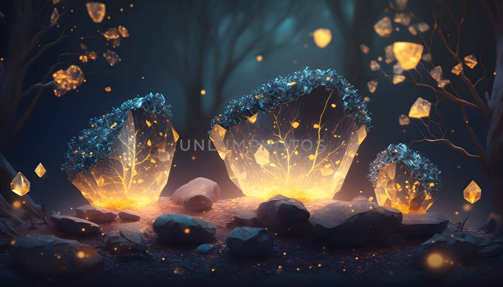 Magical iridescent crystals in dark mystery forest with sparkling glow and golden glimmer in the dark. Fairy tale or dream natural background. AI Generative content
