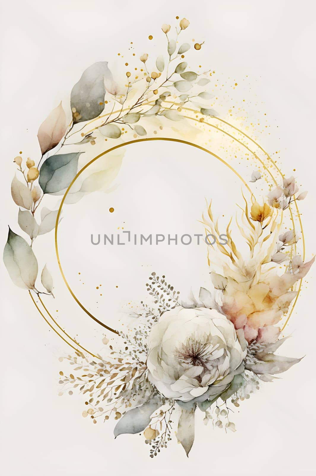 Floral botanical hand painted watercolor wreath template illustration background for wedding invitation, airy soft color flowers and green leaves in boho style, golden details. AI Generative content