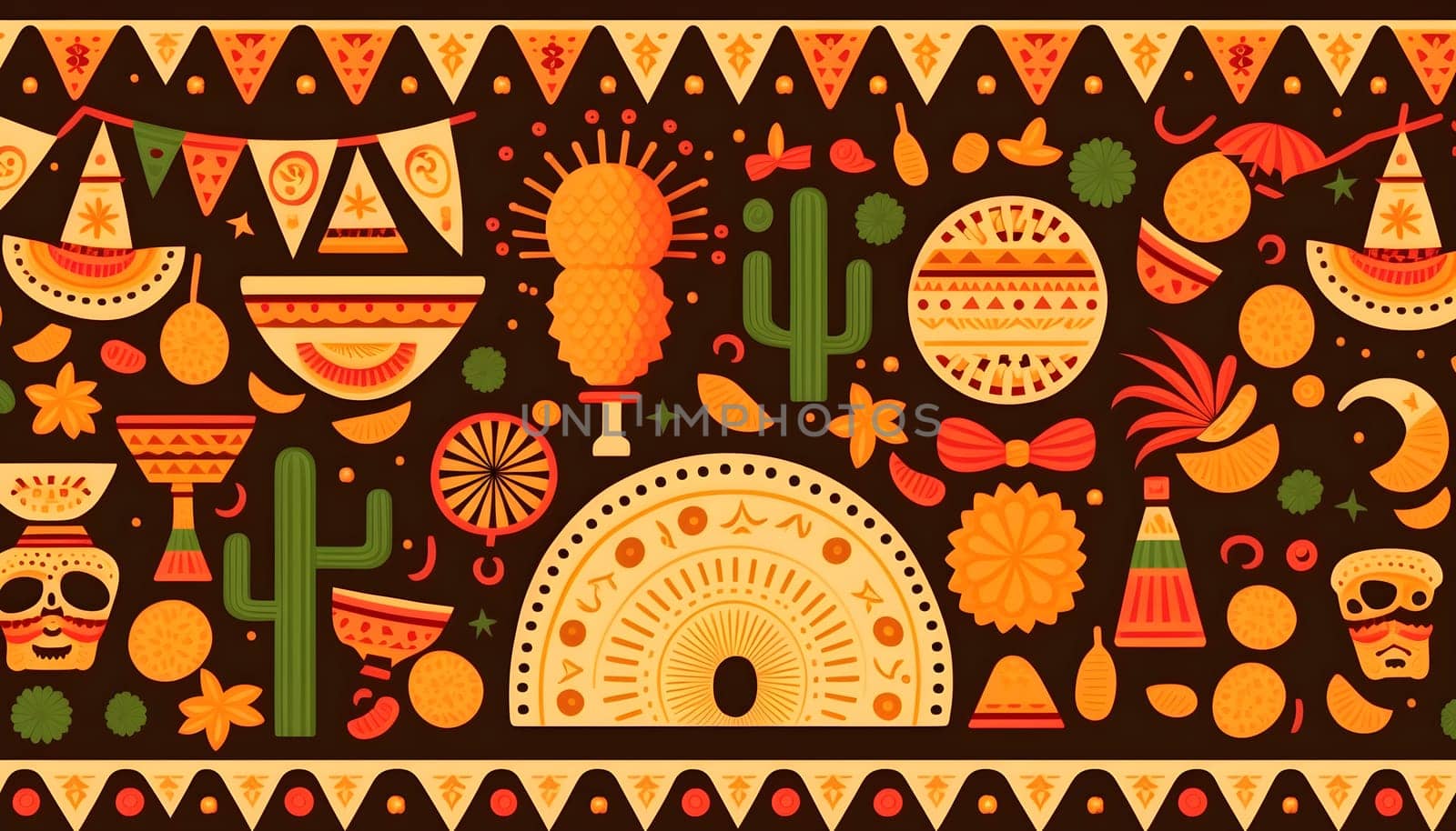 Mexican holiday Cinco de Mayo, May 5 pattern on black background with Mexican traditional national ethnic symbols flags flowers decorations guitar hat cactuses bright details. AI Generative content