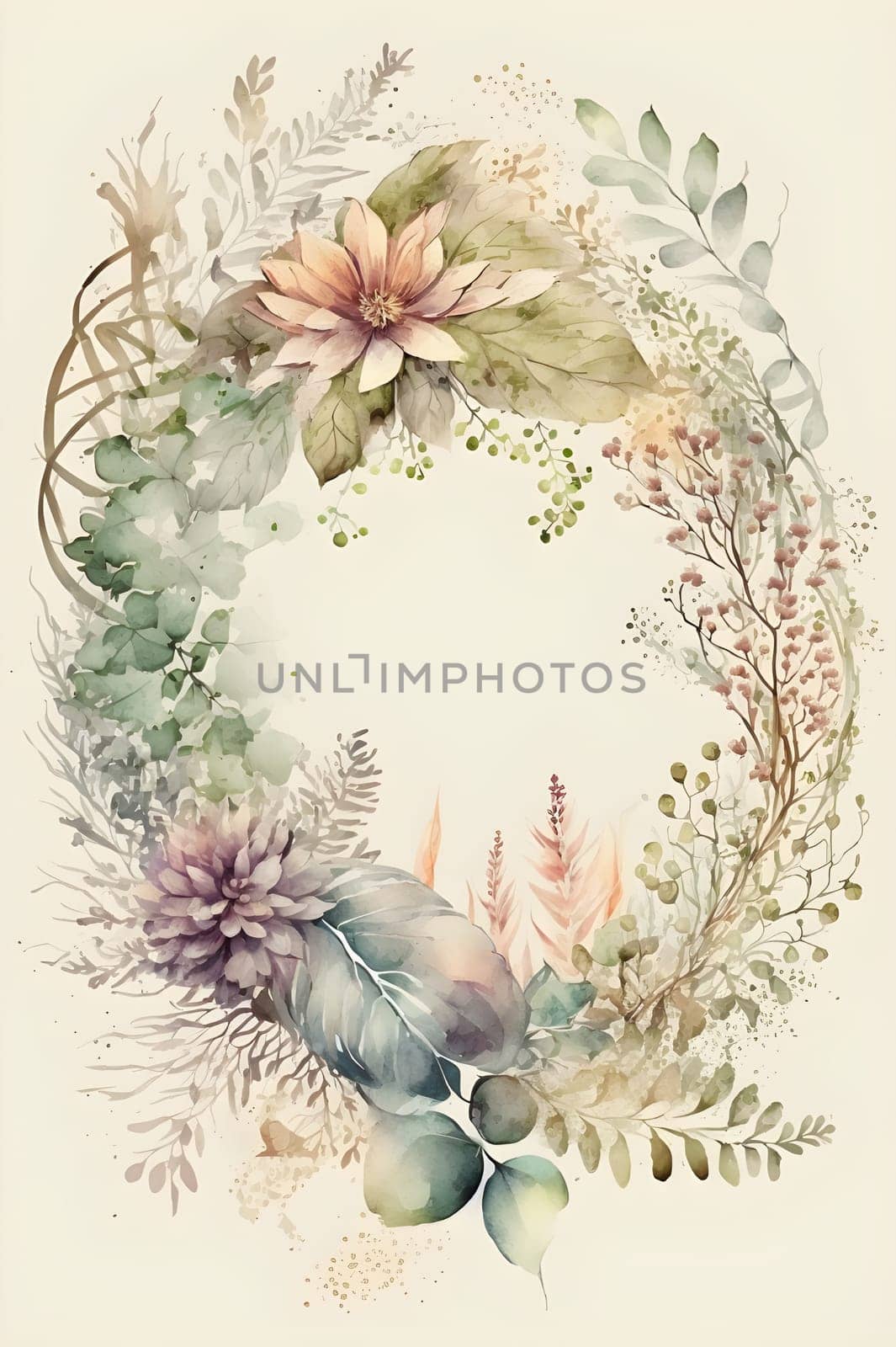 Floral botanical hand painted watercolor wreath template illustration background for wedding invitation, airy soft color flowers and green leaves in boho style, golden details. AI Generative content