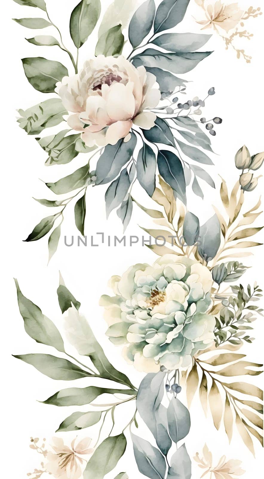 Floral botanical hand painted watercolor illustration background for wedding invitation, wallpapers or graphic design with airy soft color flowers and green leaves in boho style. AI Generative content