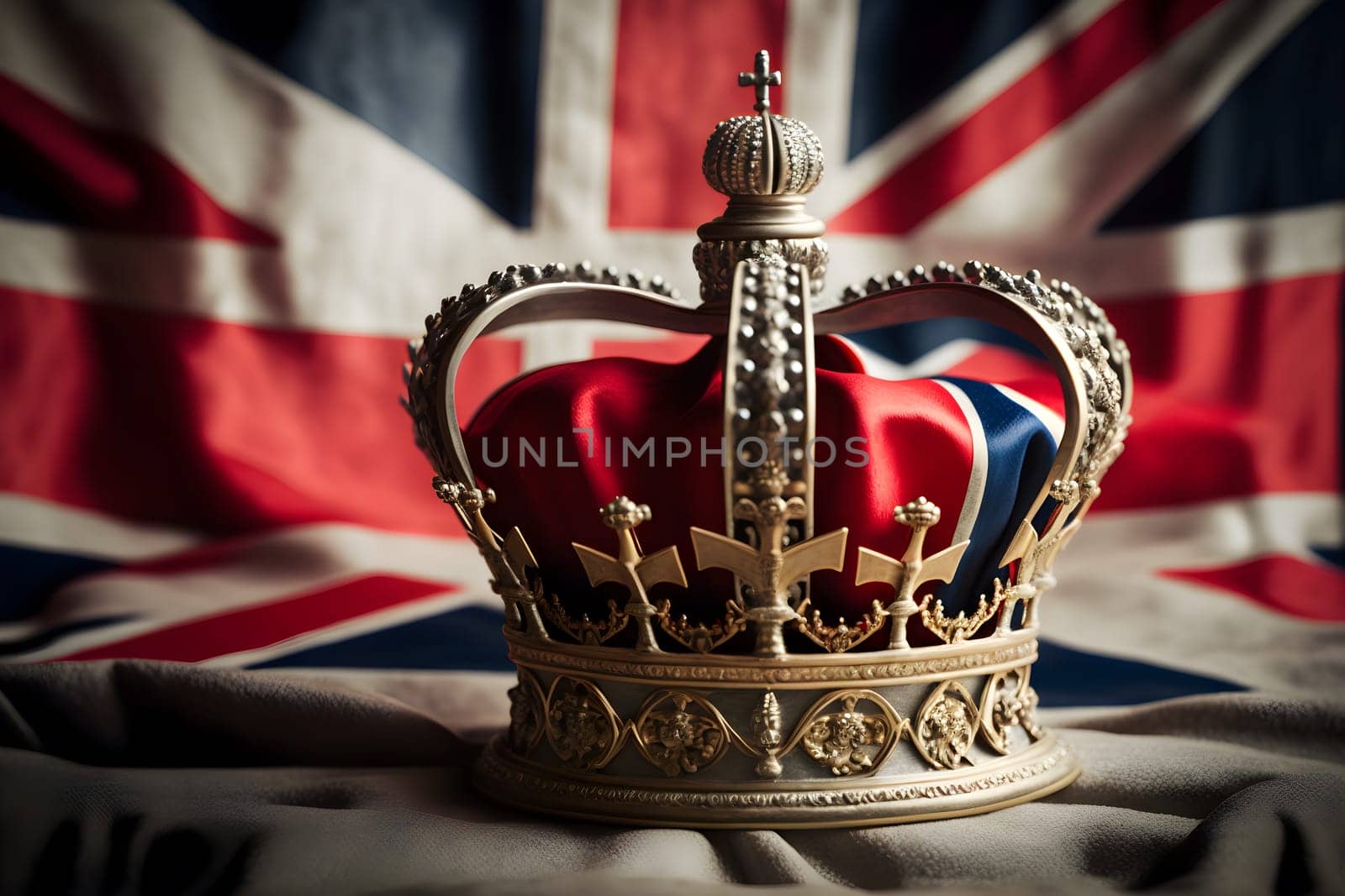 United Kingdom UK Royal Crown on Great Britain flag background as concept of monarchy and King Charles coronation. AI Generative content