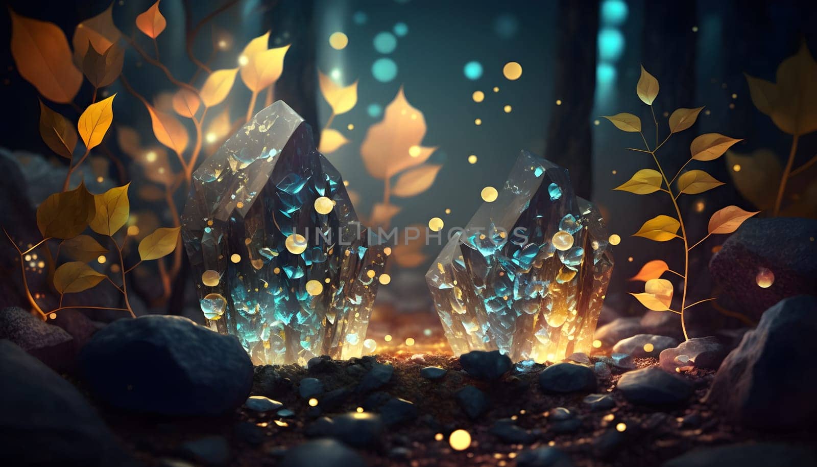 Magical iridescent crystals in dark mystery forest with sparkling glow and golden glimmer in the dark. Fairy tale or dream natural background. AI Generative content
