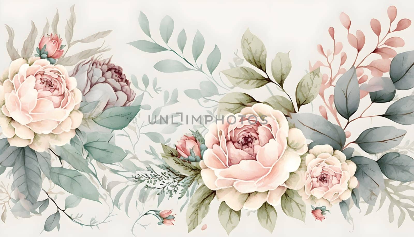 Floral botanical hand painted watercolor illustration background for wedding invitation, wallpapers or graphic design with airy soft color flowers and green leaves in boho style. AI Generative content