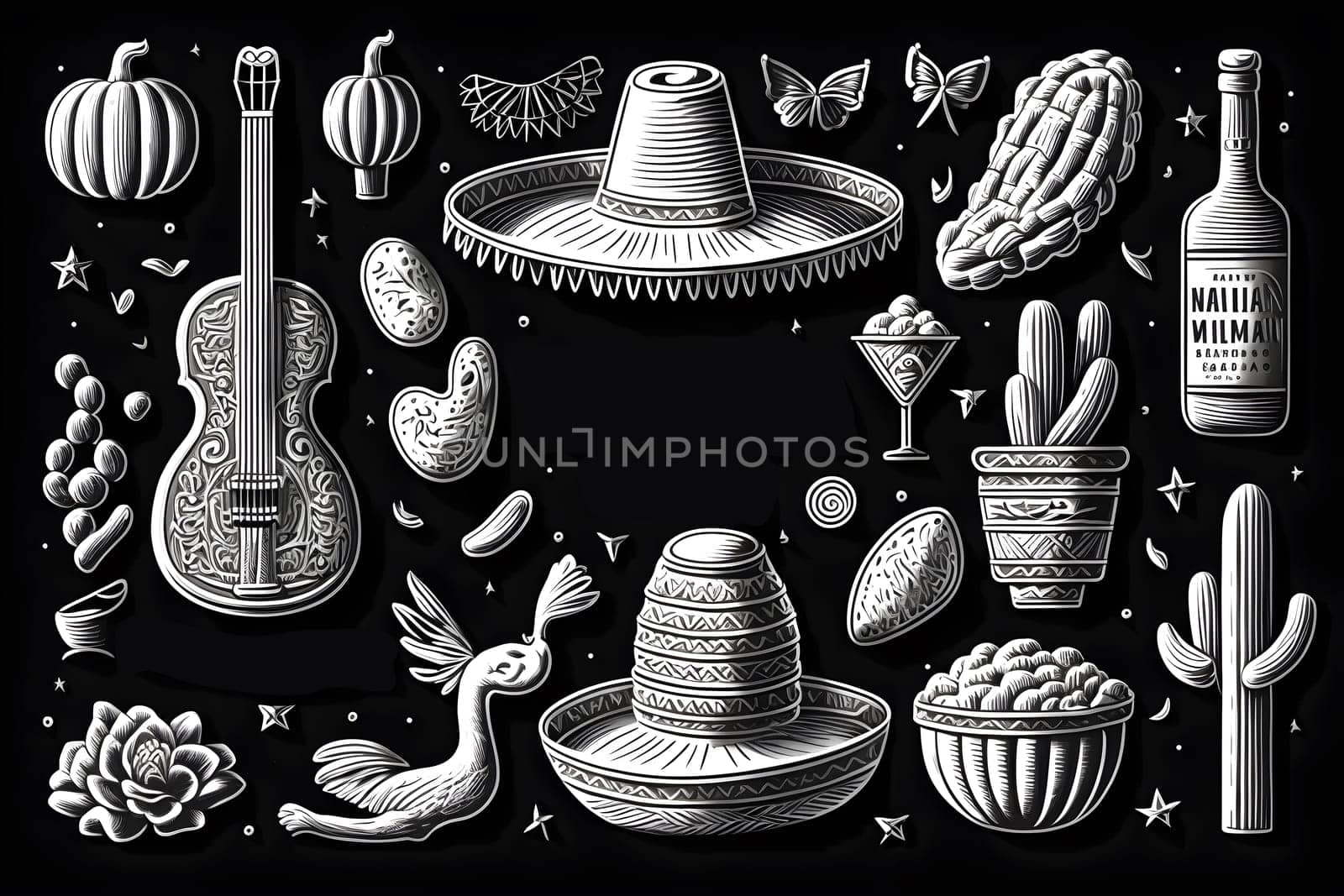 Mexican holiday Cinco de Mayo, May 5 line art pattern on black background with Mexican traditional national ethnic symbols flags decorations guitar hat cactuses bright details. AI Generative content