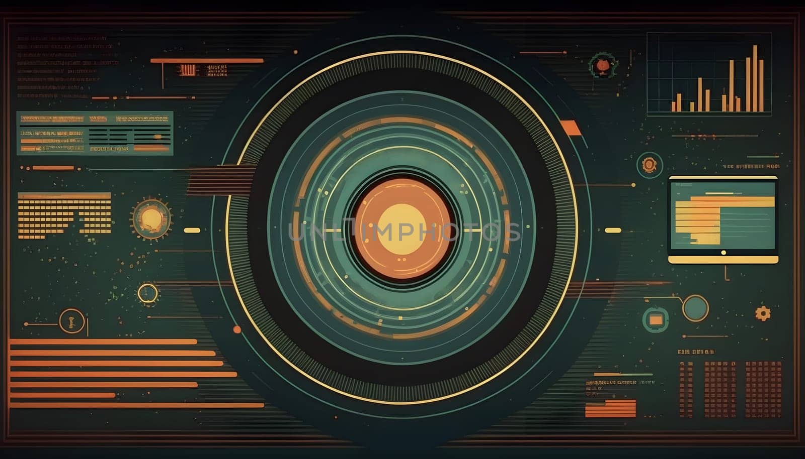 Big data abstract visualization concept in dark retro color palette. AI Generative content
