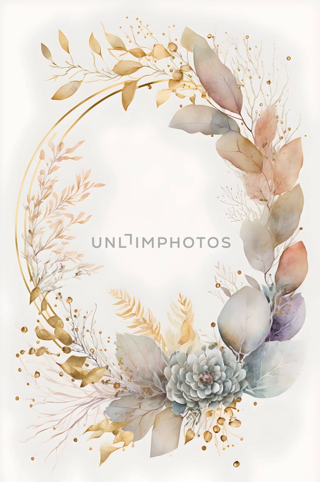 Floral botanical hand painted watercolor wreath template illustration background for wedding invitation, airy soft color flowers and green leaves in boho style, golden details. AI Generative content