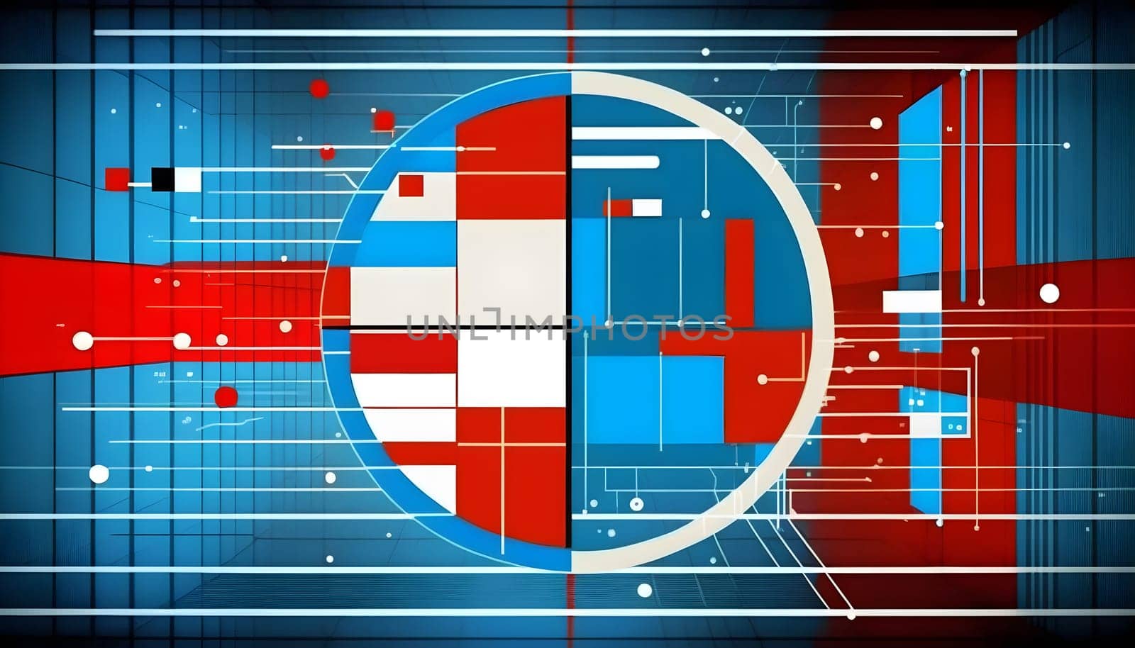 Big data abstract geometry visualization concept background in Bauhaus retro style in red, blue and white colors. AI Generative content