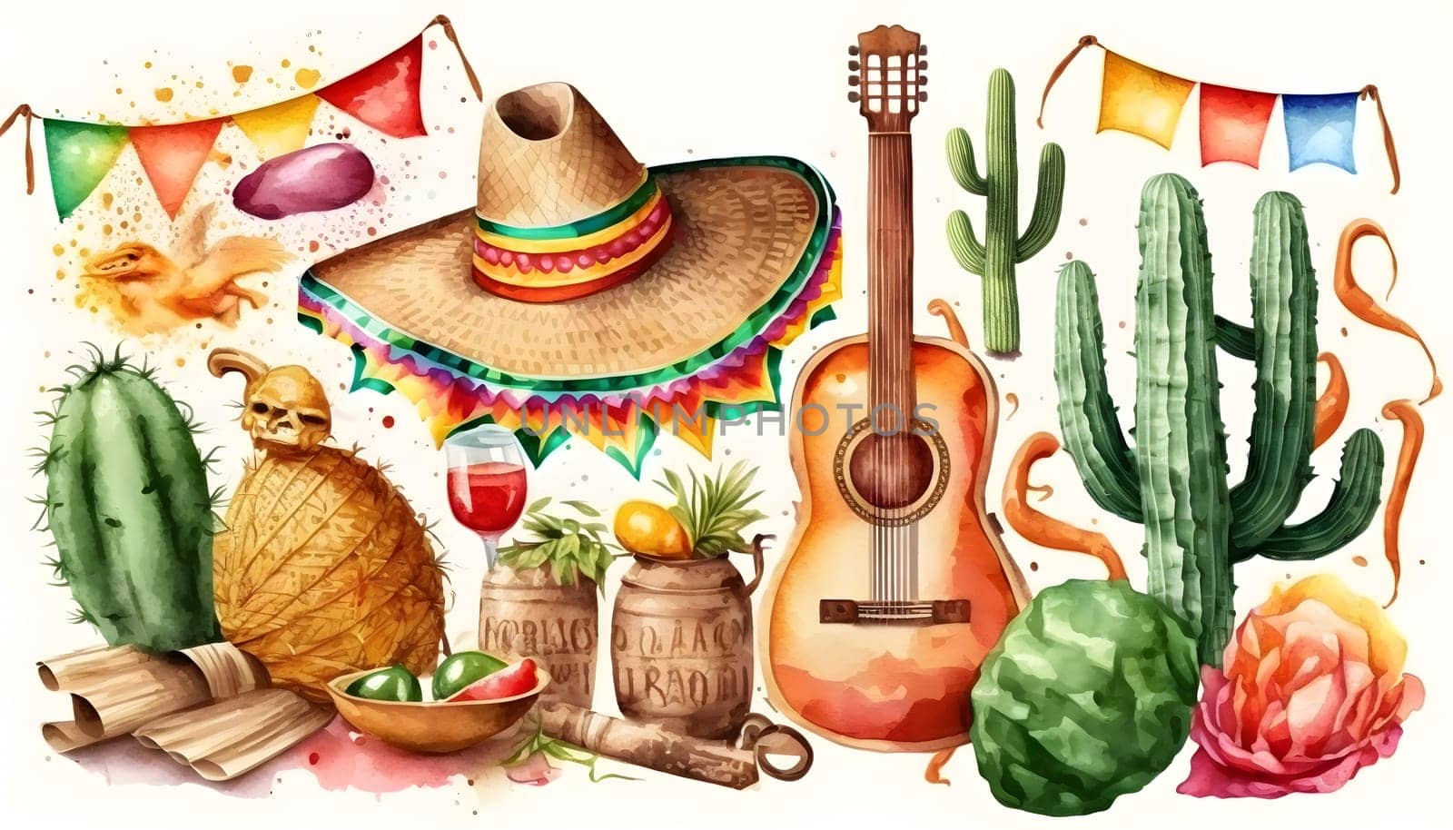 Mexican holiday Cinco de Mayo, May 5 watercolor background with Mexican traditional national ethnic symbols flags, flowers, decorations, guitar, hat, cactuses, bright details. AI Generative content
