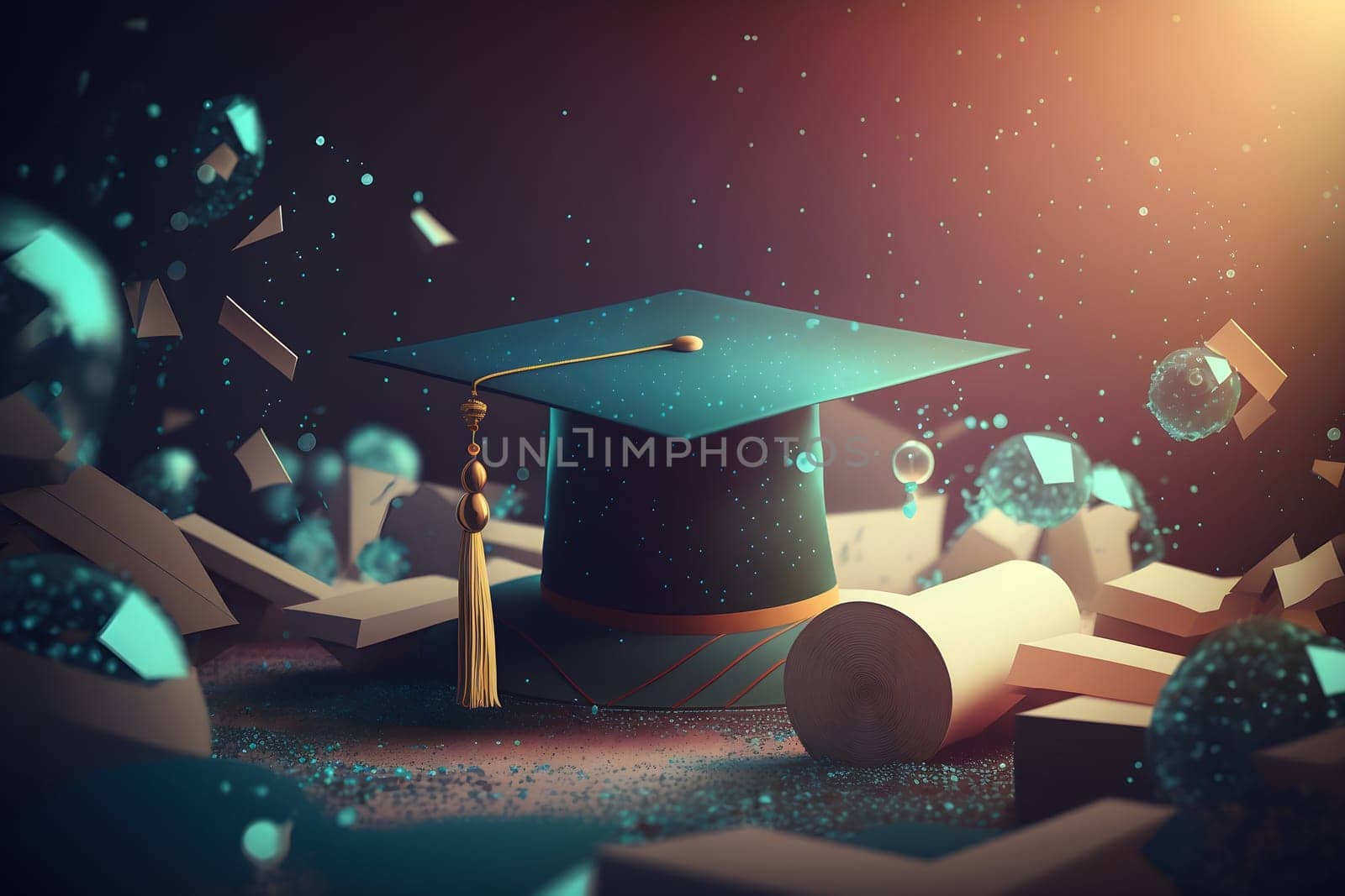 Graduation illustration background with graduation hat and books. AI Generative content