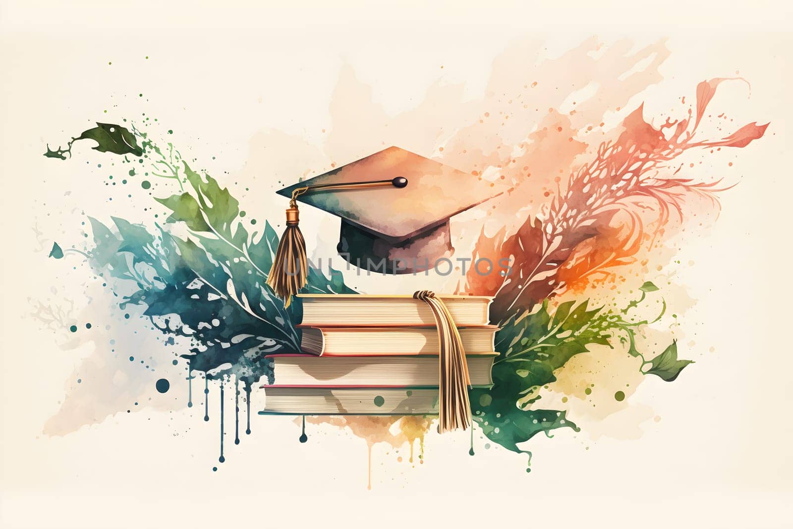 Graduation watercolor illustration background with graduation hat and books. AI Generative content