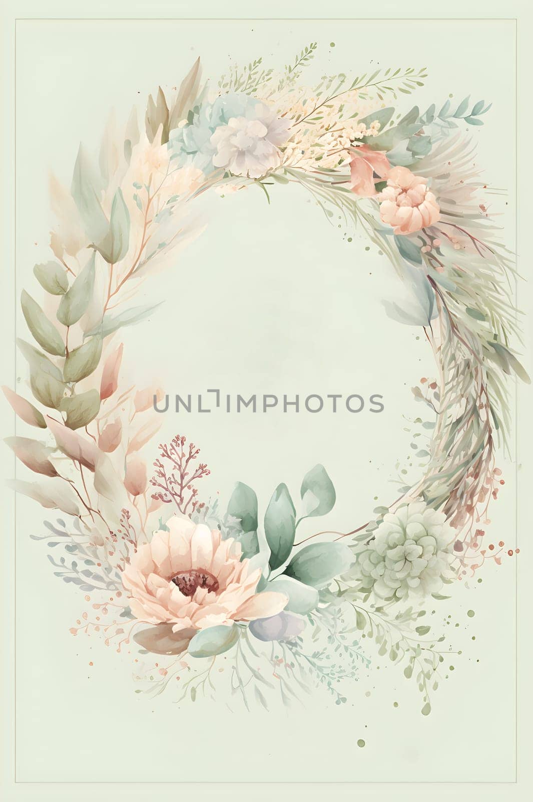 Floral botanical hand painted watercolor wreath template illustration green background for wedding invitation, airy soft color flowers and green leaves in boho style. AI Generative content