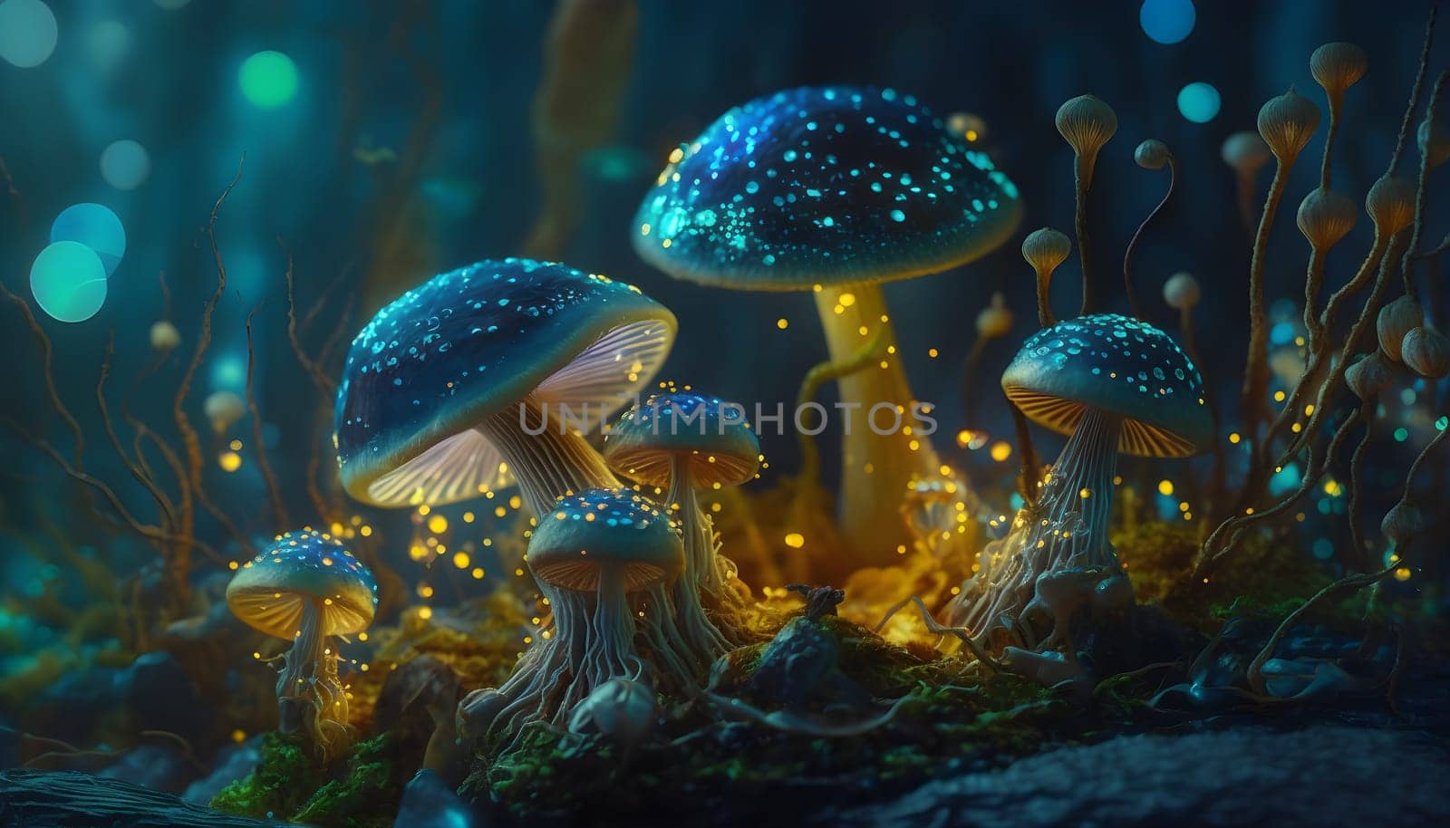Magical iridescent mushrooms in dark mystery forest with sparkling glow and golden glimmer in the dark. Fairy tale or dream natural background. Hallucinogen psychedelics fungi. AI Generative content