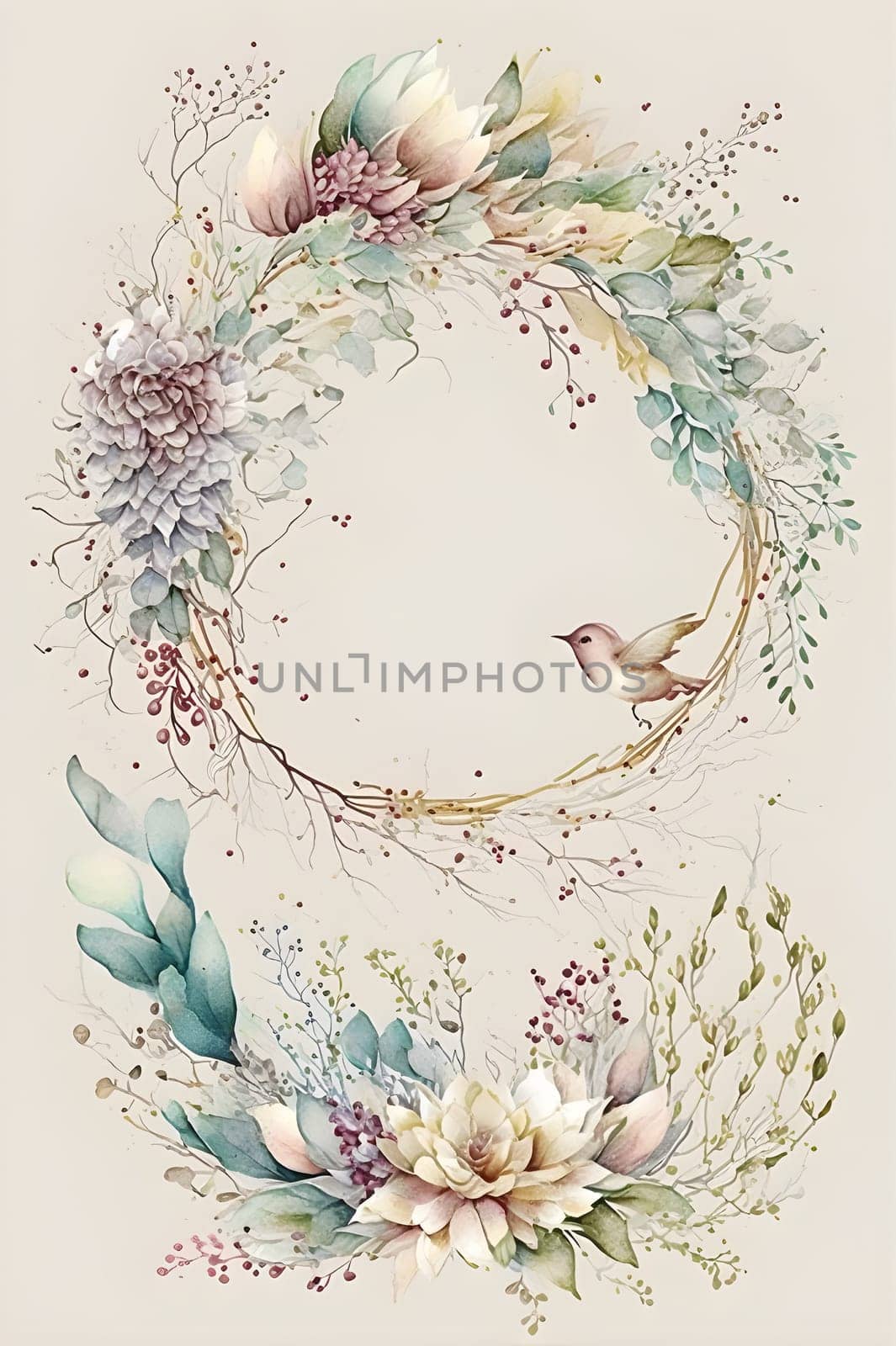Floral botanical hand painted watercolor wreath template illustration background for wedding invitation, airy soft color flowers and green leaves in boho style, golden details. AI Generative content