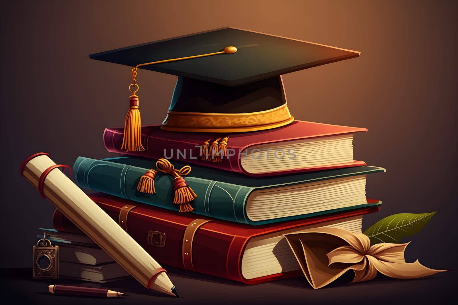 Graduation illustration background with graduation hat and books. AI Generative content