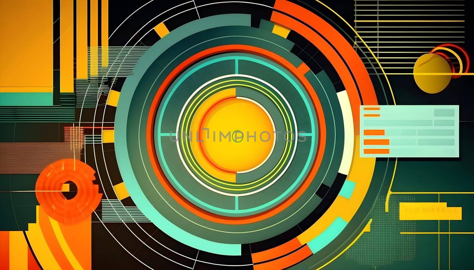 Big data abstract visualization geometric concept in retro color palette. Infographic style illustration. AI Generative content