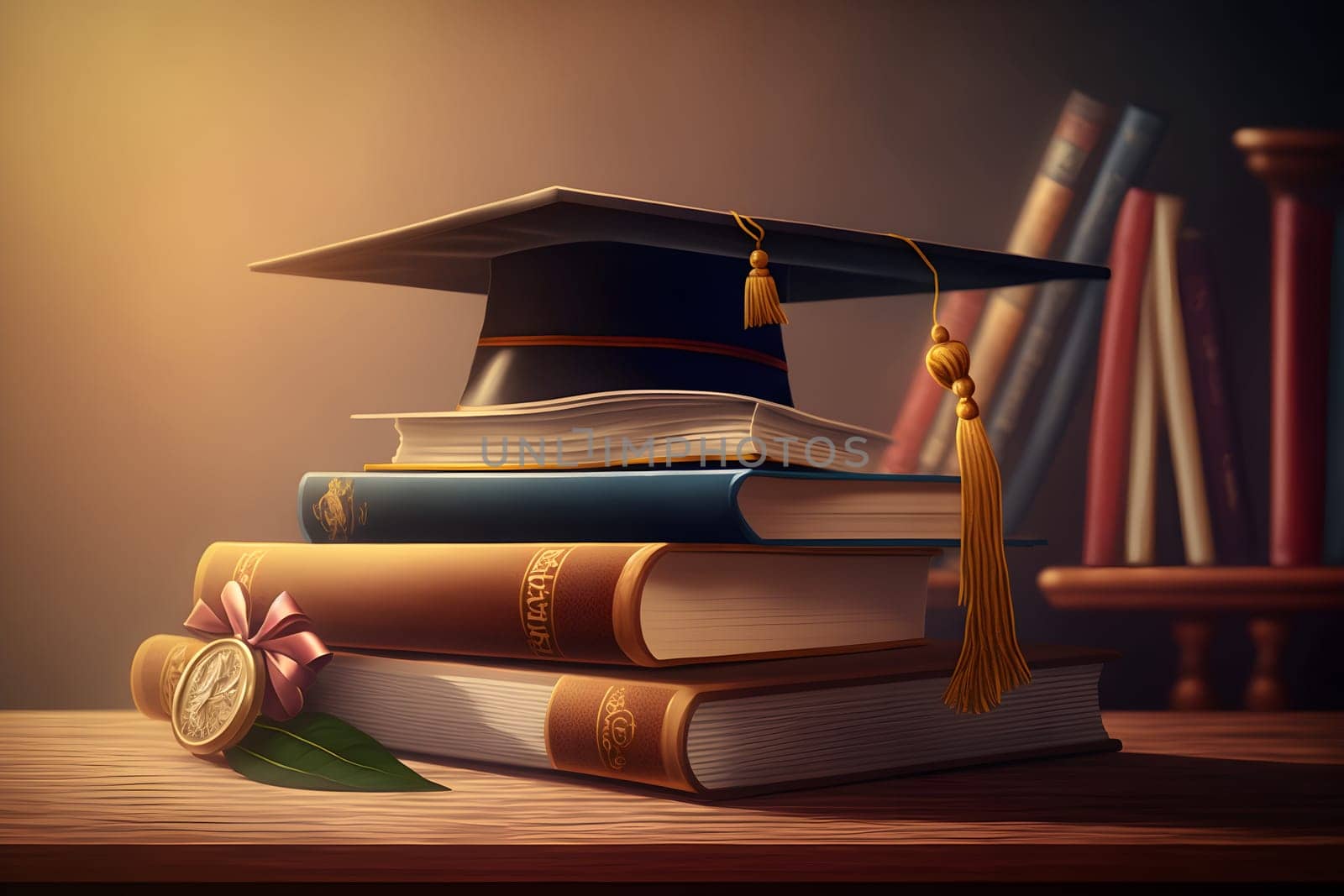 Graduation illustration background with graduation hat and books. AI Generative content