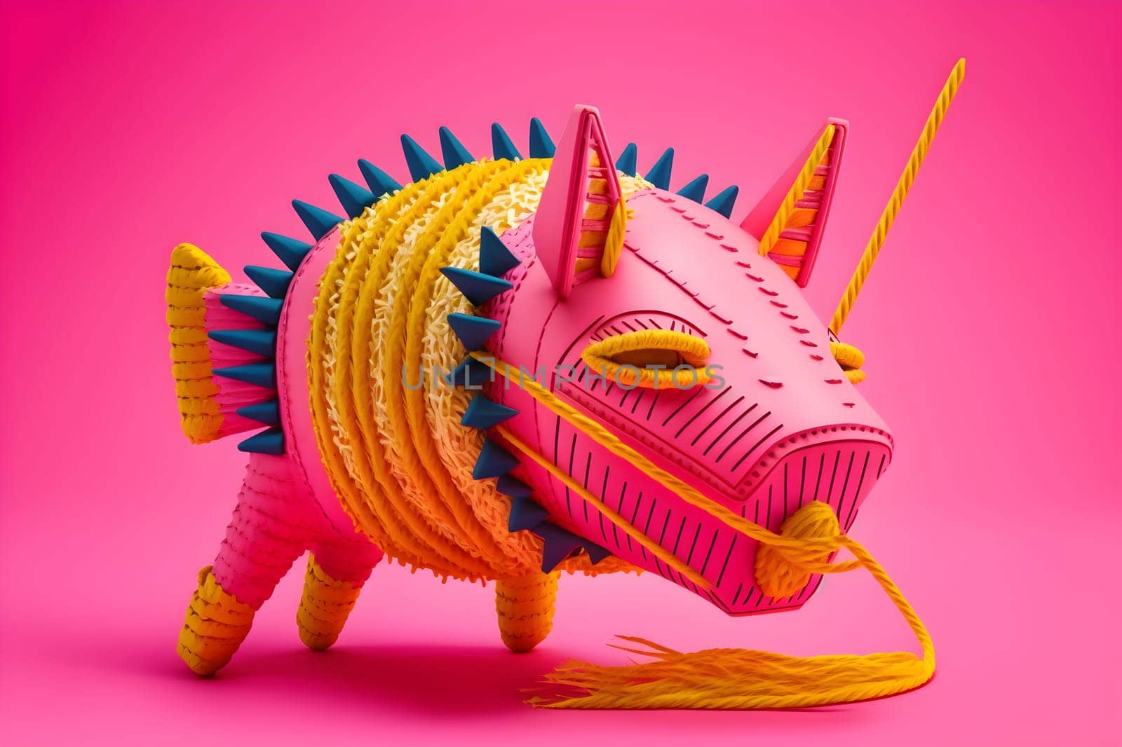 Mexican holiday pinata monster or cute fantastic beast mutant creature on bright pink background. AI Generative content