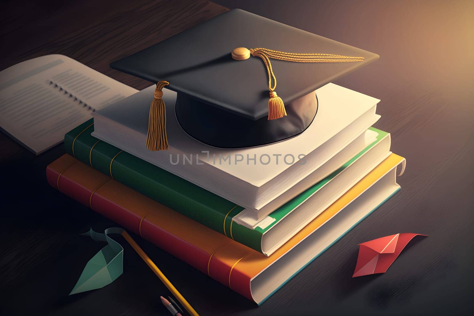 Graduation illustration background with graduation hat and books. AI Generative content