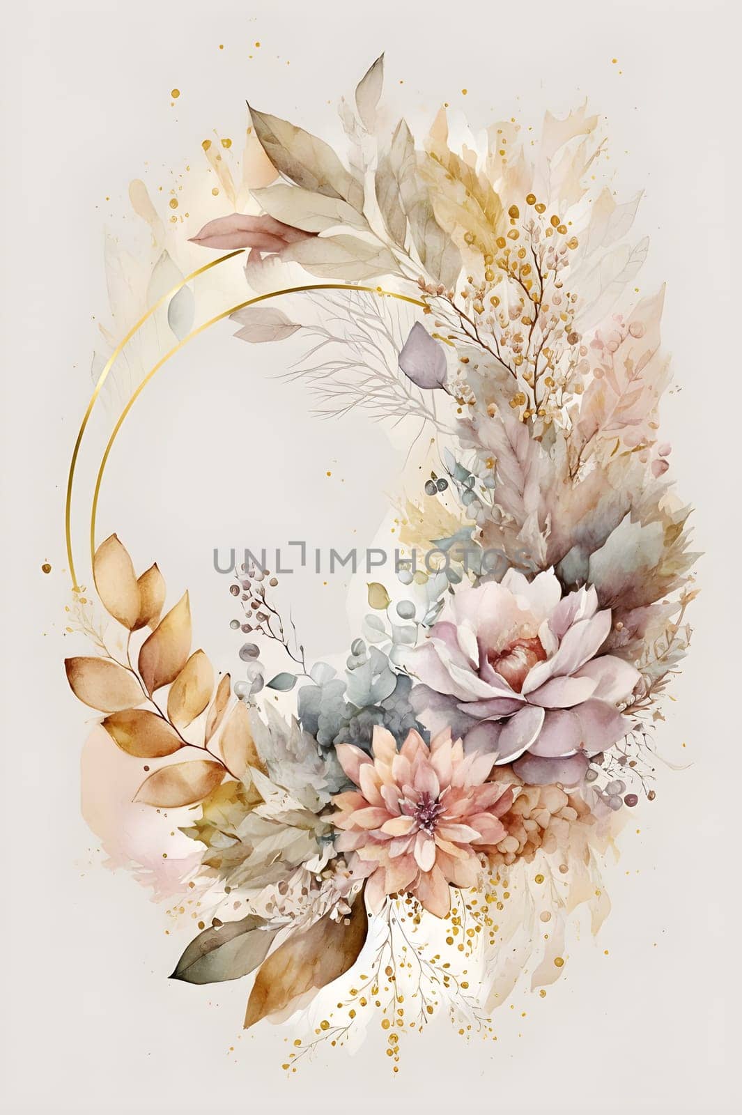 Floral botanical hand painted watercolor wreath template illustration background for wedding invitation, airy soft color flowers and green leaves in boho style, golden details. AI Generative content