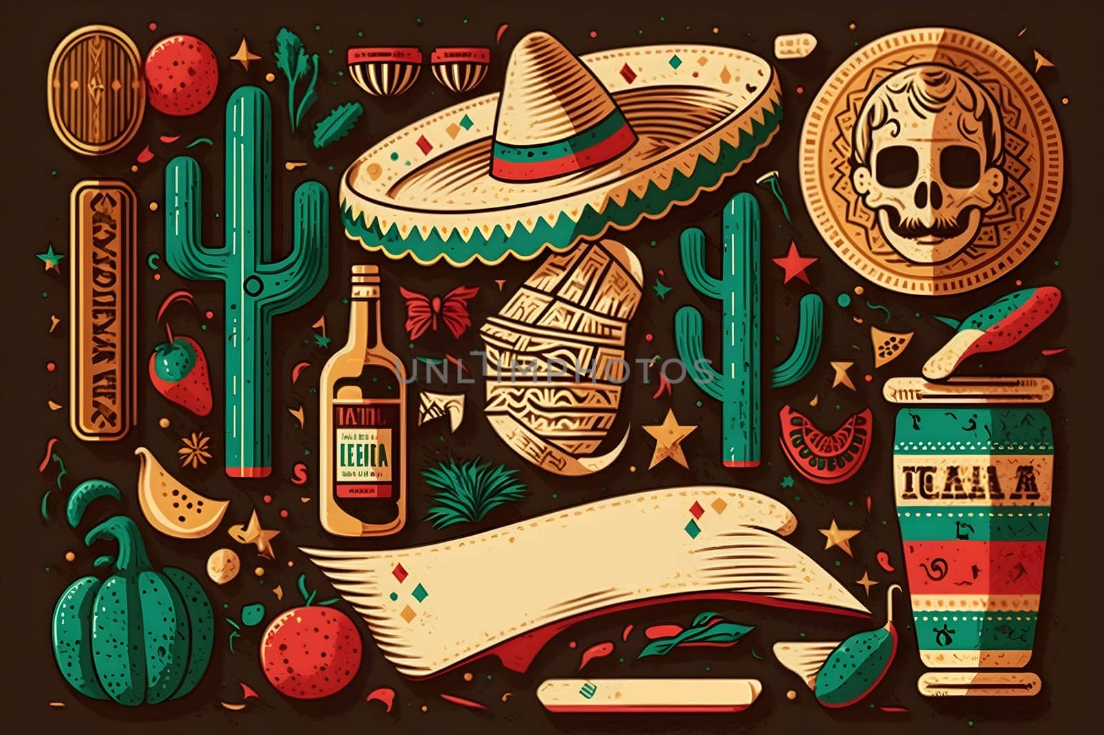 Mexican holiday Cinco de Mayo, May 5 pattern on black background with Mexican traditional national ethnic symbols flags flowers decorations guitar hat cactuses bright details. AI Generative content