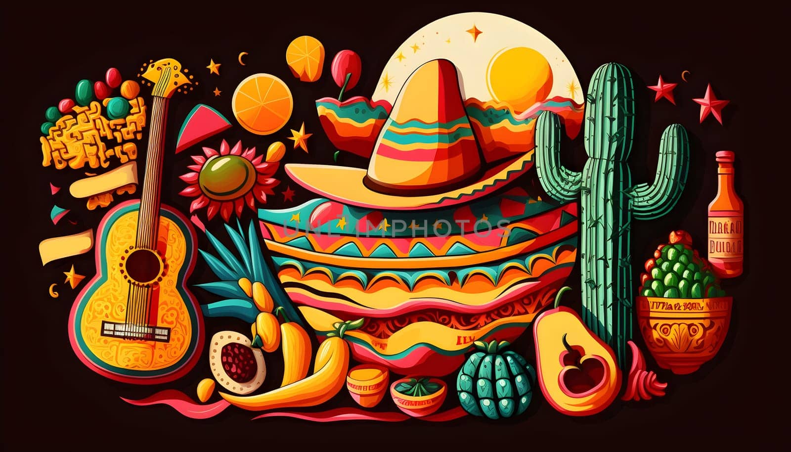 Mexican holiday Cinco de Mayo, May 5 pattern on black background with Mexican traditional national ethnic symbols flags flowers decorations guitar hat cactuses bright details. AI Generative content