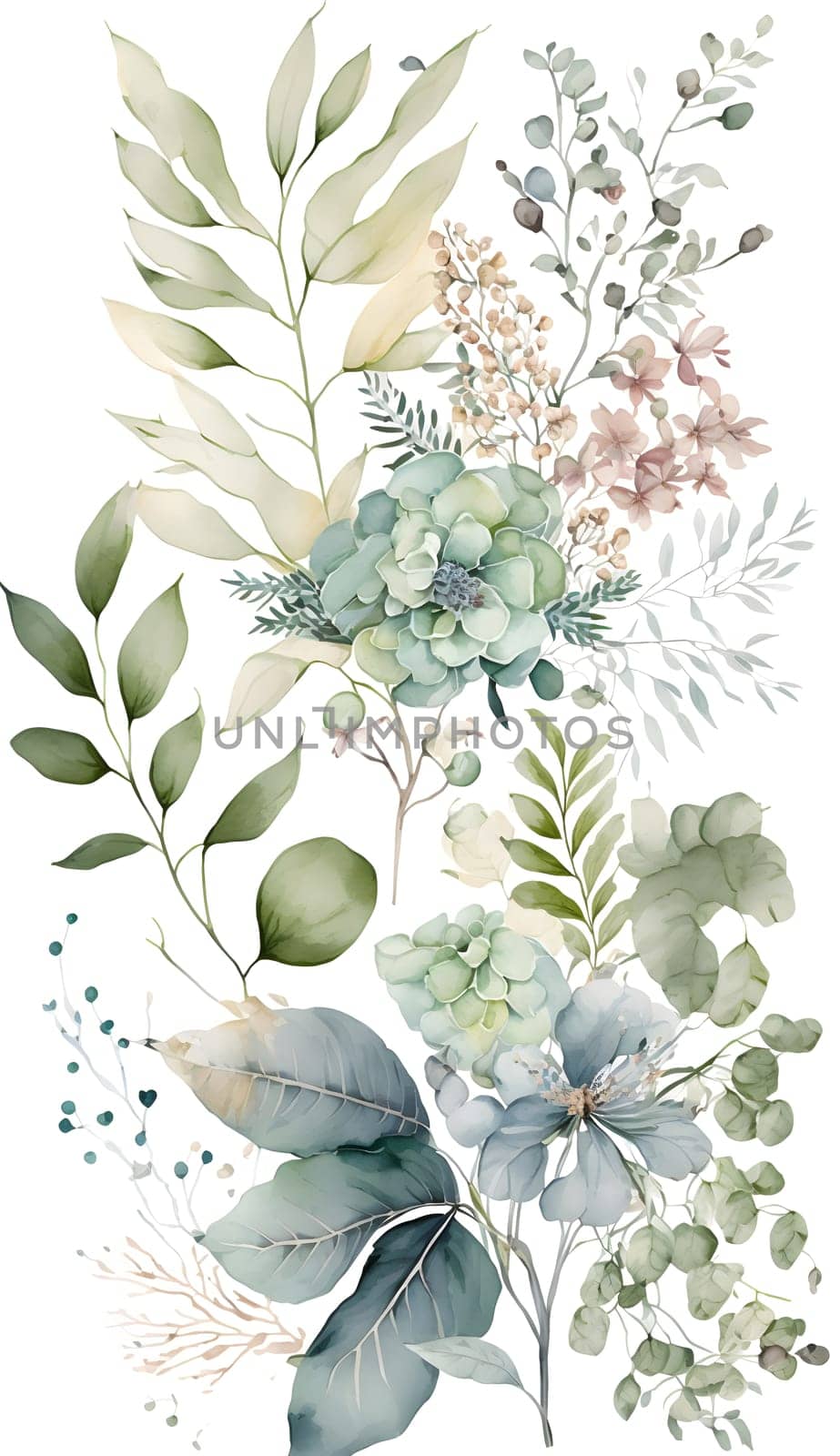 Floral botanical hand painted watercolor illustration background for wedding invitation, wallpapers or graphic design with airy soft color flowers and green leaves in boho style. AI Generative content