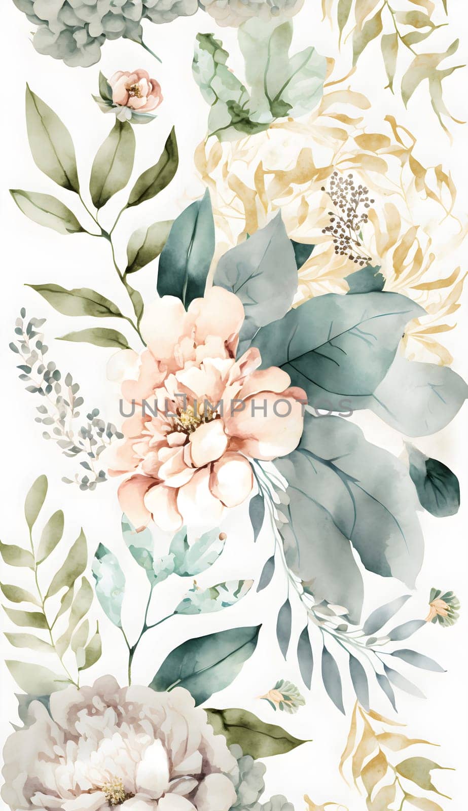 Floral botanical hand painted watercolor illustration background for wedding invitation, wallpapers or graphic design with airy soft color flowers and green leaves in boho style. AI Generative content