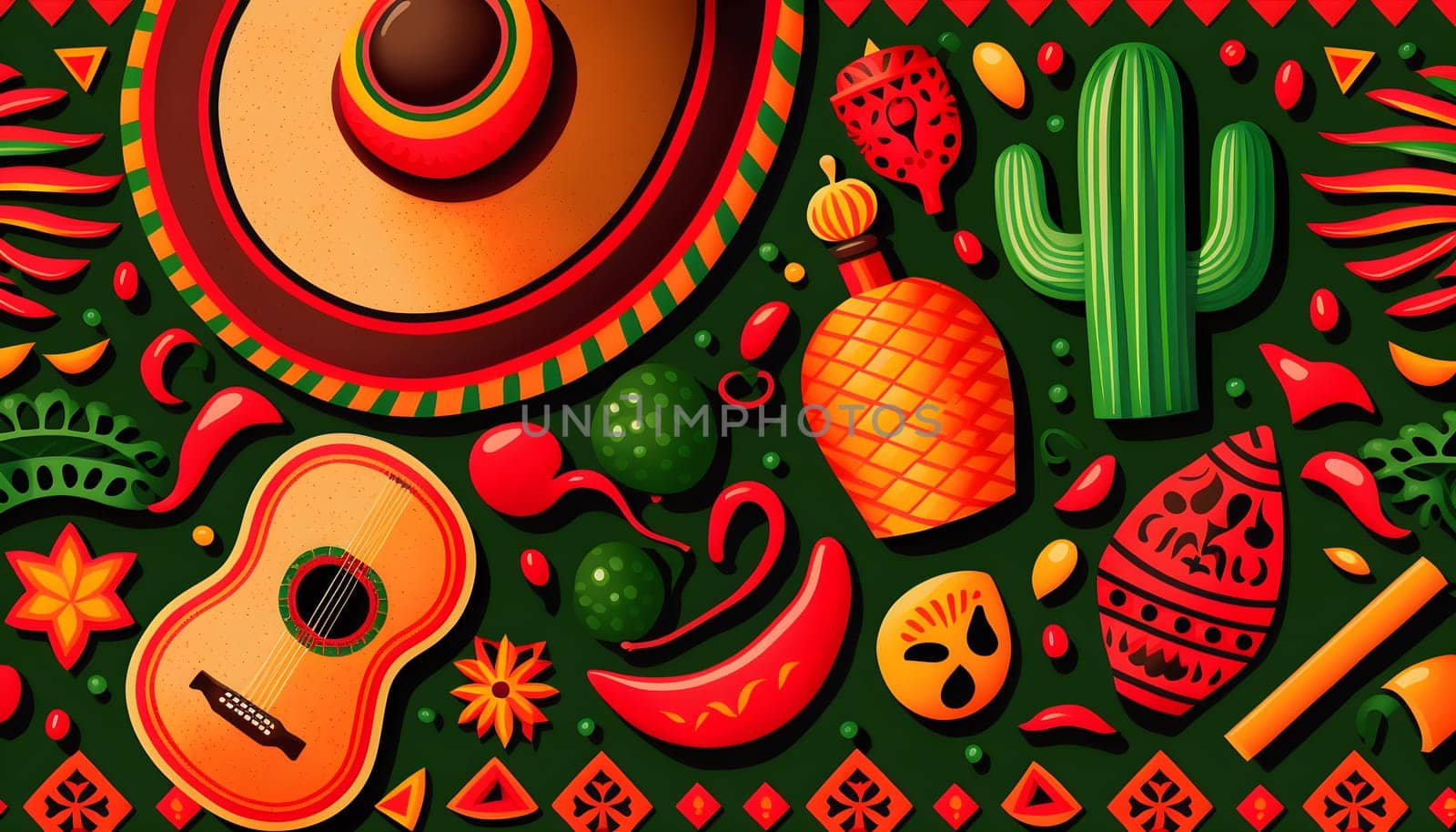 Mexican holiday Cinco de Mayo, May 5 pattern background with Mexican traditional national ethnic symbols flags, flowers, decorations, guitar, hat, cactuses, bright details. AI Generative content